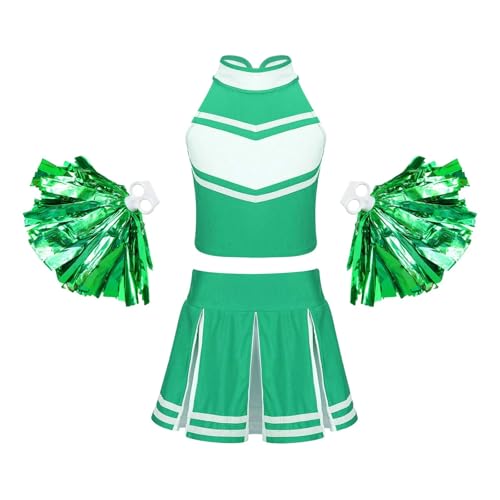 WEQYFDC Cheerleader-Kostüm for Kinder, Mädchen, ärmellos, Tops mit Reißverschluss, Faltenrock, Quaste, Blumenball-Set for Cheerleader-Uniformen(Green,14) von WEQYFDC
