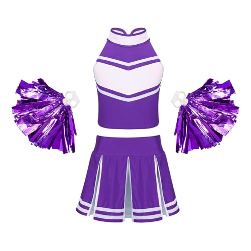 WEQYFDC Cheerleader-Kostüm for Kinder, Mädchen, ärmellos, Tops mit Reißverschluss, Faltenrock, Quaste, Blumenball-Set for Cheerleader-Uniformen(Purple,12) von WEQYFDC