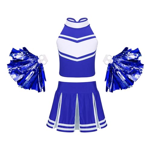 WEQYFDC Cheerleader-Kostüm for Kinder, Mädchen, ärmellos, Tops mit Reißverschluss, Faltenrock, Quaste, Blumenball-Set for Cheerleader-Uniformen(Royal Blue,14) von WEQYFDC