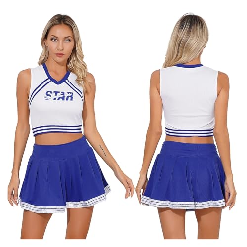 WEQYFDC Cheerleader-Uniform for Damen, Halloween-Kostüm, for Erwachsene, mit Buchstaben-Aufdruck, bauchfreies Top + hohe Taille, integrierte Shorts, Faltenrock, Cheer-Outfit(Type B,S) von WEQYFDC