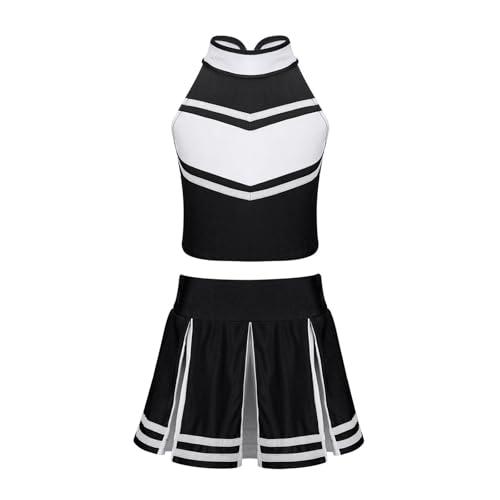 WEQYFDC Cheerleading-Kostüm, Cheerleader-Outfit, ärmellose Oberteile mit Reißverschluss und Faltenrock, Kleidung for Schulbühnenauftritte(Black,10) von WEQYFDC