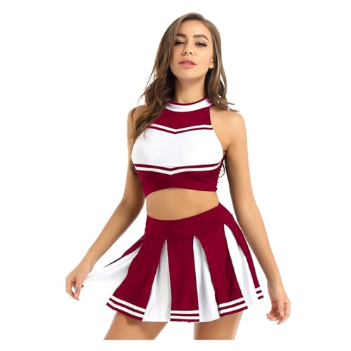 WEQYFDC Cheerleading-Kostüm for Damen, Uniform, Schulmädchen-Outfit, Stehkragen, ärmelloses Crop-Top mit Mini-Faltenrock(Dark Red,L) von WEQYFDC