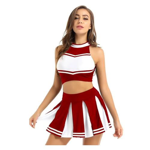WEQYFDC Cheerleading-Kostüm for Damen, Uniform, Schulmädchen-Outfit, Stehkragen, ärmelloses Crop-Top mit Mini-Faltenrock(Red,L) von WEQYFDC