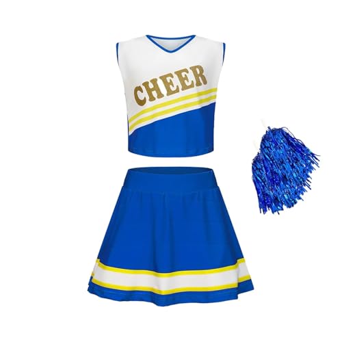 WEQYFDC Cheerleading-Kostüm for Kinder, Schulmädchen-Cheerleader-Uniformen, Cheer-Tanz-Outfits(Blue,11-12Y(150)) von WEQYFDC