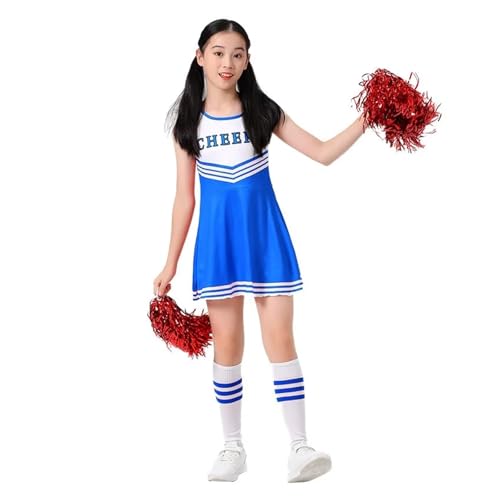WEQYFDC Cheerleading-Uniform, vierfarbiges Cheerleading-Übungs-Sportbekleidungs-Fußballkleid-Performance-Anzug-Set for Kinder(Blue,130) von WEQYFDC
