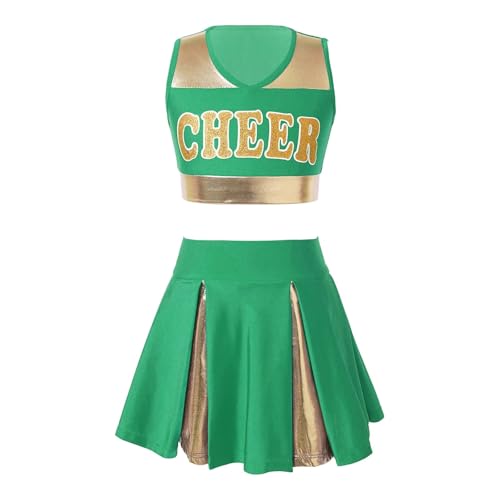 WEQYFDC Cheerleading Uniform Sommer Cheer Leader Dance Kostüm Set Ärmelloses V-ausschnitt Brief Drucken Crop Top mit Rock Kleidung(Green,12) von WEQYFDC