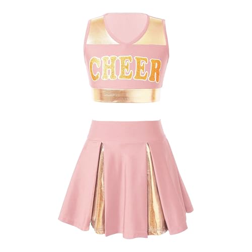 WEQYFDC Cheerleading Uniform Sommer Cheer Leader Dance Kostüm Set Ärmelloses V-ausschnitt Brief Drucken Crop Top mit Rock Kleidung(Light Pink,10) von WEQYFDC