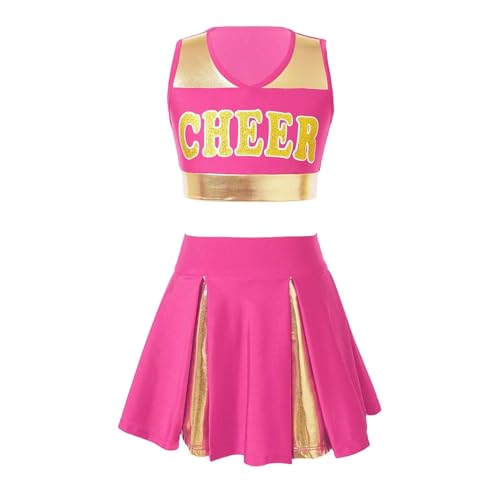 WEQYFDC Cheerleading Uniform Sommer Cheer Leader Dance Kostüm Set Ärmelloses V-ausschnitt Brief Drucken Crop Top mit Rock Kleidung(Pink,8) von WEQYFDC