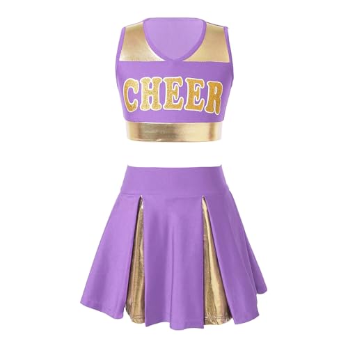 WEQYFDC Cheerleading Uniform Sommer Cheer Leader Dance Kostüm Set Ärmelloses V-ausschnitt Brief Drucken Crop Top mit Rock Kleidung(Purple,10) von WEQYFDC