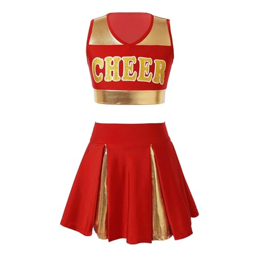WEQYFDC Cheerleading Uniform Sommer Cheer Leader Dance Kostüm Set Ärmelloses V-ausschnitt Brief Drucken Crop Top mit Rock Kleidung(Red,14) von WEQYFDC