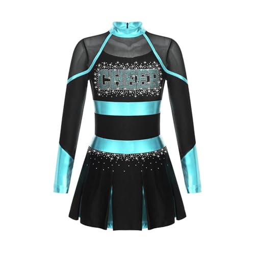 WEQYFDC Cheerleading Uniform Tanzkostüm Strass Metallic Langarm Plissee Kleid mit 2 Stück Handblumen(Black Blue Green B,10) von WEQYFDC