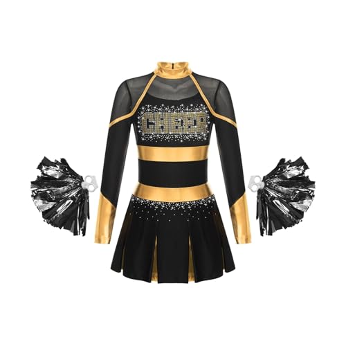 WEQYFDC Cheerleading Uniform Tanzkostüm Strass Metallic Langarm Plissee Kleid mit 2 Stück Handblumen(Black Gold A,8) von WEQYFDC
