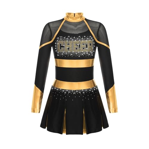WEQYFDC Cheerleading Uniform Tanzkostüm Strass Metallic Langarm Plissee Kleid mit 2 Stück Handblumen(Black Gold B,14) von WEQYFDC