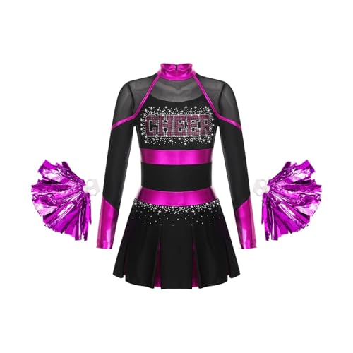 WEQYFDC Cheerleading Uniform Tanzkostüm Strass Metallic Langarm Plissee Kleid mit 2 Stück Handblumen(Black Hot Pink A,12) von WEQYFDC