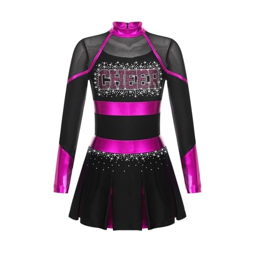 WEQYFDC Cheerleading Uniform Tanzkostüm Strass Metallic Langarm Plissee Kleid mit 2 Stück Handblumen(Black Hot Pink B,6) von WEQYFDC
