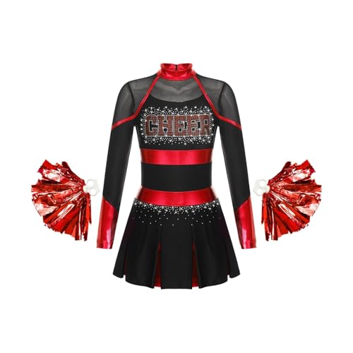 WEQYFDC Cheerleading Uniform Tanzkostüm Strass Metallic Langarm Plissee Kleid mit 2 Stück Handblumen(Black Red A,8) von WEQYFDC
