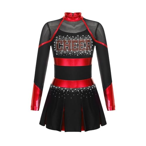 WEQYFDC Cheerleading Uniform Tanzkostüm Strass Metallic Langarm Plissee Kleid mit 2 Stück Handblumen(Black Red B,16) von WEQYFDC