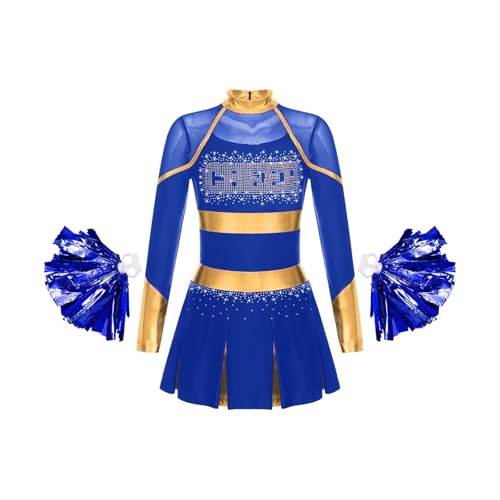 WEQYFDC Cheerleading Uniform Tanzkostüm Strass Metallic Langarm Plissee Kleid mit 2 Stück Handblumen(Blue A,10) von WEQYFDC
