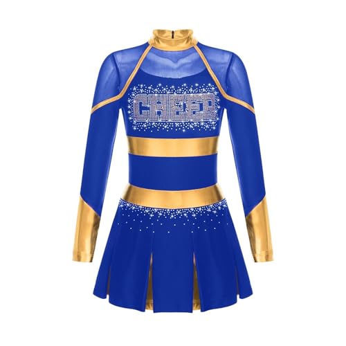 WEQYFDC Cheerleading Uniform Tanzkostüm Strass Metallic Langarm Plissee Kleid mit 2 Stück Handblumen(Blue B,10) von WEQYFDC