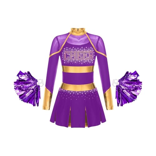 WEQYFDC Cheerleading Uniform Tanzkostüm Strass Metallic Langarm Plissee Kleid mit 2 Stück Handblumen(Purple A,12) von WEQYFDC