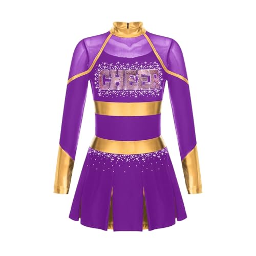 WEQYFDC Cheerleading Uniform Tanzkostüm Strass Metallic Langarm Plissee Kleid mit 2 Stück Handblumen(Purple B,16) von WEQYFDC