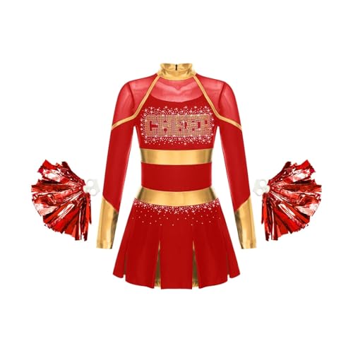 WEQYFDC Cheerleading Uniform Tanzkostüm Strass Metallic Langarm Plissee Kleid mit 2 Stück Handblumen(Red A,14) von WEQYFDC