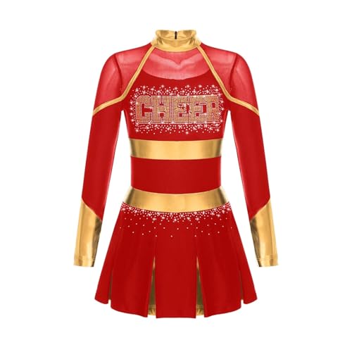 WEQYFDC Cheerleading Uniform Tanzkostüm Strass Metallic Langarm Plissee Kleid mit 2 Stück Handblumen(Red B,10) von WEQYFDC