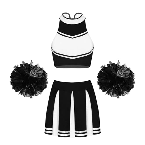 WEQYFDC Cheerleading-Unifrom-Tanzkostüme for Damen, ärmellos, Stehkragen, Reißverschluss, bauchfreies Top mit Faltenrock und 2 Blumenbällen(A Black,L) von WEQYFDC