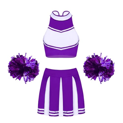 WEQYFDC Cheerleading-Unifrom-Tanzkostüme for Damen, ärmellos, Stehkragen, Reißverschluss, bauchfreies Top mit Faltenrock und 2 Blumenbällen(A Purple,L) von WEQYFDC