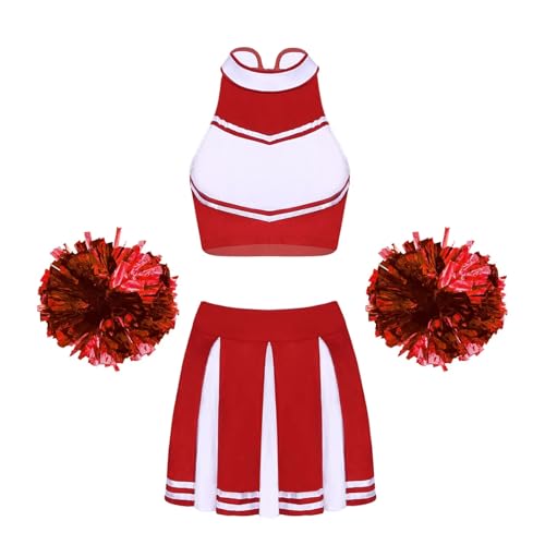 WEQYFDC Cheerleading-Unifrom-Tanzkostüme for Damen, ärmellos, Stehkragen, Reißverschluss, bauchfreies Top mit Faltenrock und 2 Blumenbällen(A Red,S) von WEQYFDC