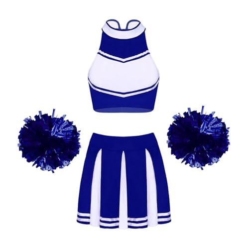 WEQYFDC Cheerleading-Unifrom-Tanzkostüme for Damen, ärmellos, Stehkragen, Reißverschluss, bauchfreies Top mit Faltenrock und 2 Blumenbällen(A Royal Blue,S) von WEQYFDC