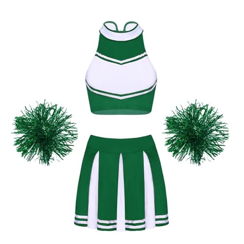 WEQYFDC Cheerleading-Unifrom-Tanzkostüme for Damen, ärmellos, Stehkragen, Reißverschluss, bauchfreies Top mit Faltenrock und 2 Blumenbällen(B Green,L) von WEQYFDC