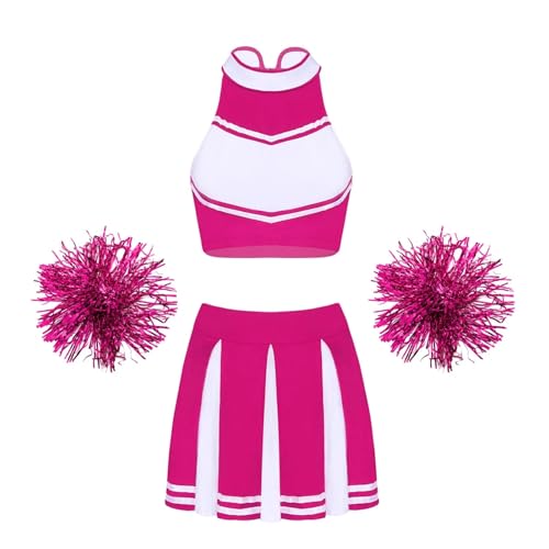 WEQYFDC Cheerleading-Unifrom-Tanzkostüme for Damen, ärmellos, Stehkragen, Reißverschluss, bauchfreies Top mit Faltenrock und 2 Blumenbällen(B Hot Pink,XL) von WEQYFDC