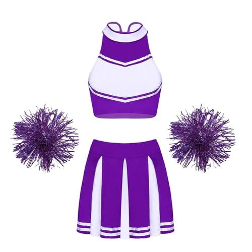 WEQYFDC Cheerleading-Unifrom-Tanzkostüme for Damen, ärmellos, Stehkragen, Reißverschluss, bauchfreies Top mit Faltenrock und 2 Blumenbällen(B Purple,M) von WEQYFDC