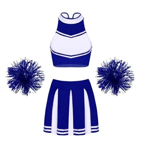 WEQYFDC Cheerleading-Unifrom-Tanzkostüme for Damen, ärmellos, Stehkragen, Reißverschluss, bauchfreies Top mit Faltenrock und 2 Blumenbällen(B Royal Blue,M) von WEQYFDC