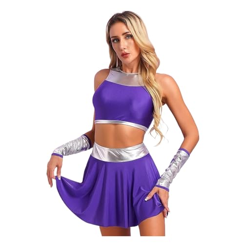 WEQYFDC Damen Halloween Metallic Patchwork Anzug Cheerleading Outfits Ärmelloses Crop Top Handschuhe und Mini Swing Rock Cosplay Kostüme(XXL) von WEQYFDC