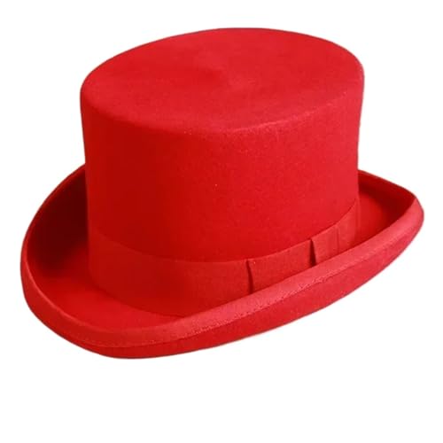 WEQYFDC Flacher Herren-Zylinderhut aus Wolle, vielseitig einsetzbare Zaubererkappe, Gentleman-Hut mit Zylinderriemen, elegant Für Eine Gala, Faschingsparty Oder Karneval(Red,56-58cm) von WEQYFDC