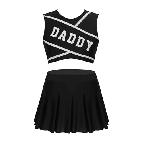 WEQYFDC Frauen Cheerleader Kostüm Schule Cosplay Kostüm Outfits Rundhals Ärmelloses Crop Top Mit Mini Falten Rock(Black,XL) von WEQYFDC