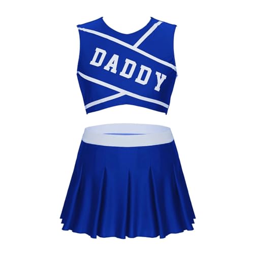 WEQYFDC Frauen Cheerleader Kostüm Schule Cosplay Kostüm Outfits Rundhals Ärmelloses Crop Top Mit Mini Falten Rock(Deep Blue,XL) von WEQYFDC