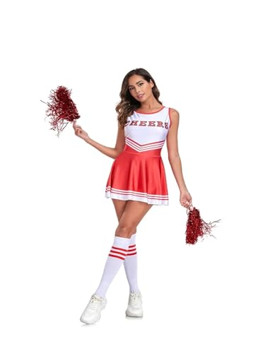 WEQYFDC Fünffarbiger CHEERS ärmelloser WM-Cheerleading-Uniform-Fußball-Cheer-Leading-Rock for Frauen mit Socken(Red,M) von WEQYFDC