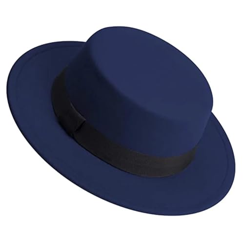 WEQYFDC Herren Damen Weißer Fedora-Hut, Flacher Hut, Filzhut, Breite Krempe, Wintermütze Für Eine Gala, Faschingsparty Oder Karneval(Dark Blue) von WEQYFDC