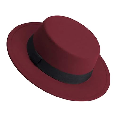 WEQYFDC Herren Damen Weißer Fedora-Hut, Flacher Hut, Filzhut, Breite Krempe, Wintermütze Für Eine Gala, Faschingsparty Oder Karneval(Dark Red) von WEQYFDC