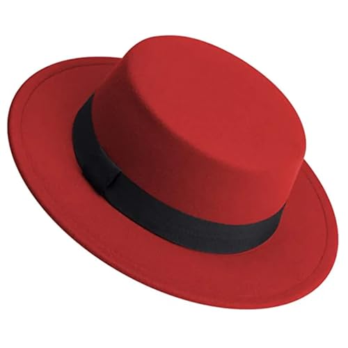 WEQYFDC Herren Damen Weißer Fedora-Hut, Flacher Hut, Filzhut, Breite Krempe, Wintermütze Für Eine Gala, Faschingsparty Oder Karneval(Deep Red) von WEQYFDC