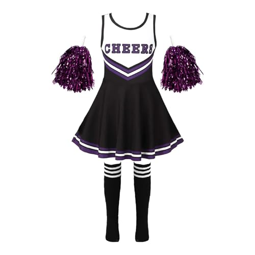 WEQYFDC Kinder Cheerleading Kostüm Schulmädchen Cheerleader Uniformen Cheer Dance Outfits for Halloween Cosplay Kleid mit Socken Blume(Black,9-10) von WEQYFDC