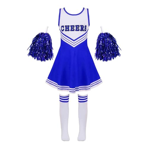 WEQYFDC Kinder Cheerleading Kostüm Schulmädchen Cheerleader Uniformen Cheer Dance Outfits for Halloween Cosplay Kleid mit Socken Blume(Blue,5-6) von WEQYFDC