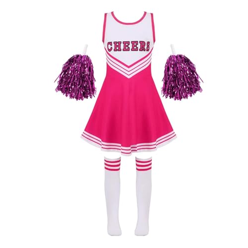 WEQYFDC Kinder Cheerleading Kostüm Schulmädchen Cheerleader Uniformen Cheer Dance Outfits for Halloween Cosplay Kleid mit Socken Blume(Pink,7-8) von WEQYFDC