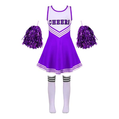 WEQYFDC Kinder Cheerleading Kostüm Schulmädchen Cheerleader Uniformen Cheer Dance Outfits for Halloween Cosplay Kleid mit Socken Blume(Purple,7-8) von WEQYFDC