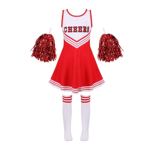 WEQYFDC Kinder Cheerleading Kostüm Schulmädchen Cheerleader Uniformen Cheer Dance Outfits for Halloween Cosplay Kleid mit Socken Blume(Red,7-8) von WEQYFDC