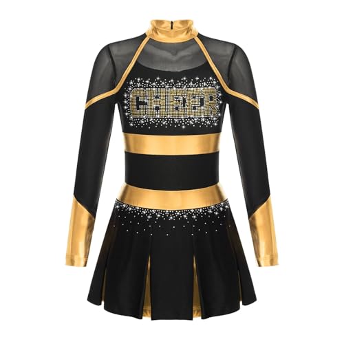 WEQYFDC Kinder Mädchen Cheer Dance Kostüm Teenager Glitzernde Strasssteine ​​Cheerleading Uniformen Metallic Patchwork Langarm Cheerlead Kleid(Black Gold,16) von WEQYFDC