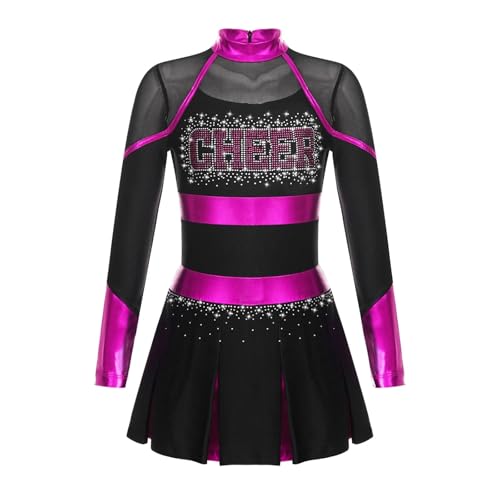 WEQYFDC Kinder Mädchen Cheer Dance Kostüm Teenager Glitzernde Strasssteine ​​Cheerleading Uniformen Metallic Patchwork Langarm Cheerlead Kleid(Black Hot Pink,16) von WEQYFDC